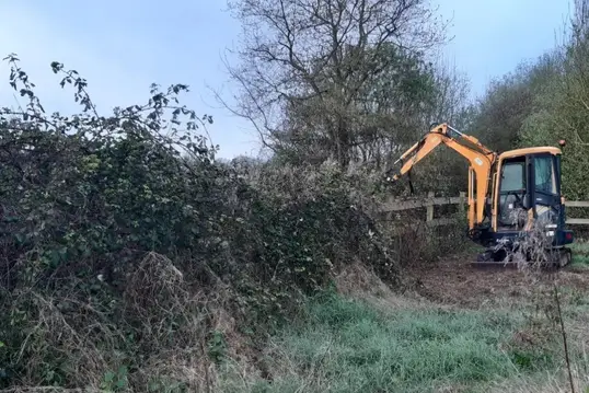 Pelleteuse jaune muni d’un broyeur forestier, commençant le débroussaillage d'herbes hautes et de ronces par dessus une clôture.